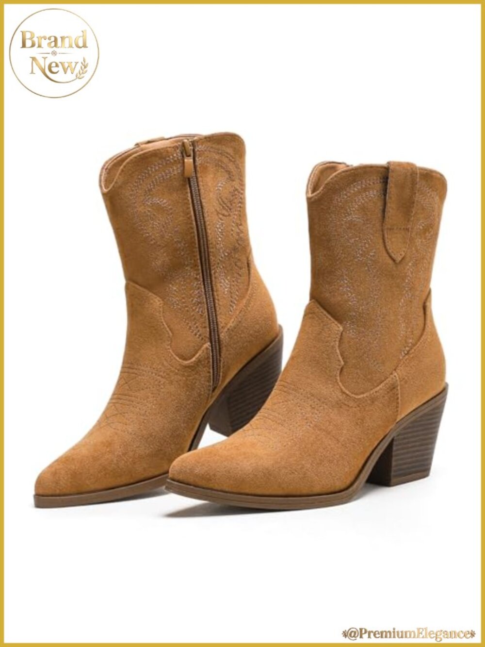 Western Ankle Boots Faux Suede Embroidered Pointed Toe Block Heel